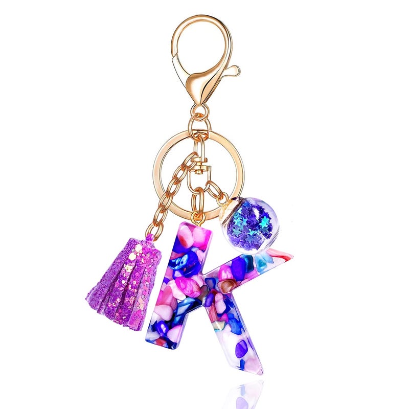 LAXPICOL Purple Letter K Keychain for Women Purse Handbags Resin Alphabet Initial Letter Pendant with Tassel Glass Ball - Image 1